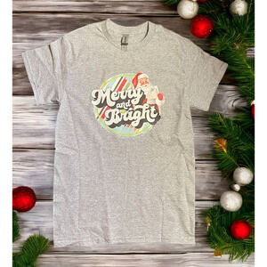 MERRY AND BRIGHT Christmas T-Shirt Retro Design Gray with Graphic Unisex Small